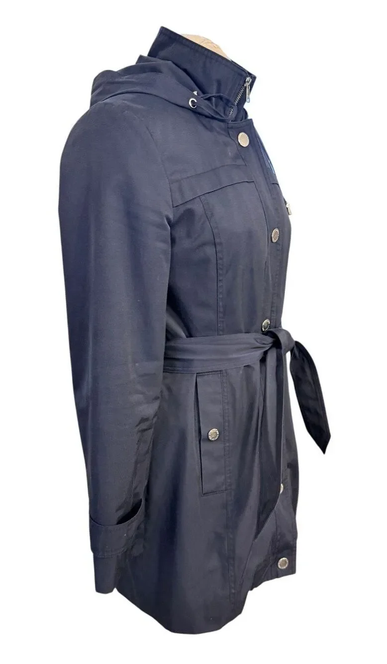 London Fog Hooded Belted Zip Front Raincoat Navy Blue Sz. Small Classic